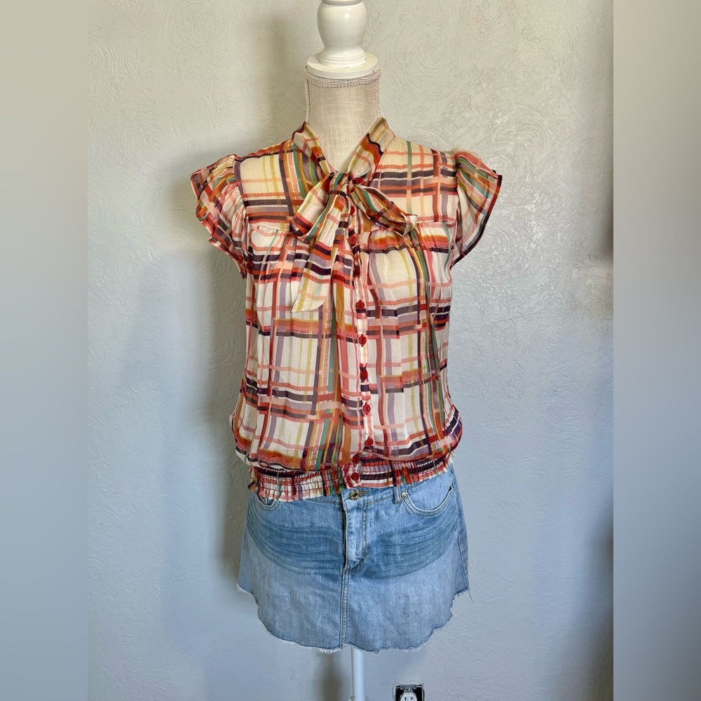 Vintage Y2K Twenty One Short Sleeved Ruffled Flannel Blouse Women’s Size Small